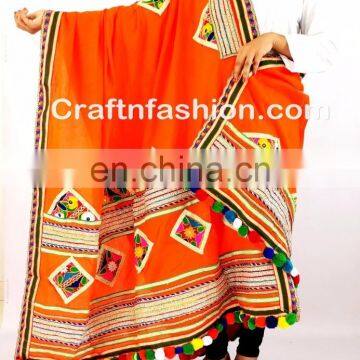Gujarati Embroidery Mirror Work Dupattas- Yellow Kutch Embroidered Cotton Dupatta- Traditional Lace Work Dupatta photo-4