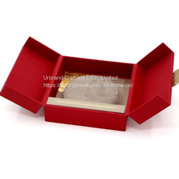 Red texture paper pendant box double doors jewelry gift box with hot foil logo