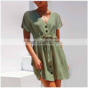 LAITE D2146 Women V-neck Short Sleeve Casual Dress Women Casual Dress With Belt Button photo-3