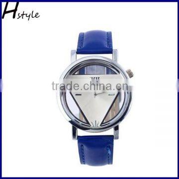 2016 Unisex Unique Hollowed-Out Triangular Dial Leather Band Quartz Wrist Watch Blue WP021