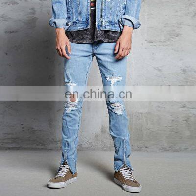 Design 100% Cotton OEM Service Breathable Fly Eco-friendly Crush Jeans Pants Men Sky Blue Zipper Denim Jeans