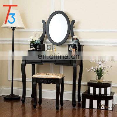 single mirror dressing set five organization drawers vanity table with wooden tool, black