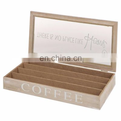 Wooden 4 Section Coffee Capsule Holder Container Storage Box with Glass Lid