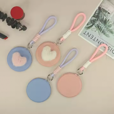New Design Round Pocket Cosmetic Mirror With Rope Cute Style Travel Mirror PU Leather Magnify Compact Makeup Mirror Customized photo-3