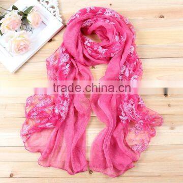 Korea Lady Fashion Flower Embroidery Double Layered Lace Chiffon Scarf