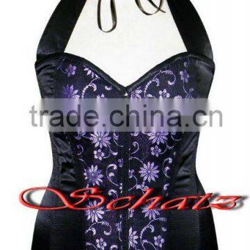 100% Polyester Black With Purple Flower Fullbust Steel Bond Corset Busk