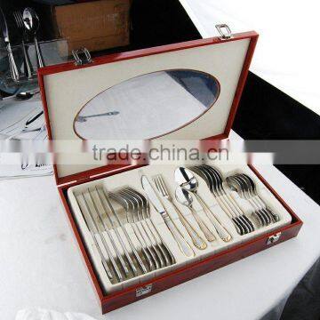 24 pcs gold stainless steel cutlery set with wood case