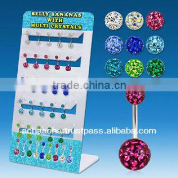 Display with 25 pcs of surgical steel belly banana, 14g (1.6mm) with 5mm & 8mm multi-crystal ferido glued balls with resin cover