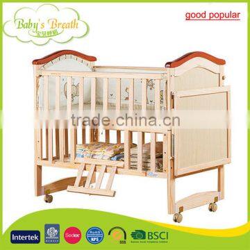 WBC-21A good popular pine solid wooden softtextile baby swing cot with export standard