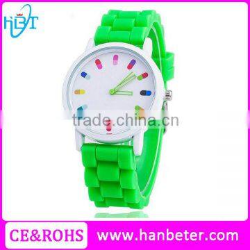 Fashion design high quality colorful silicone strap geneva gold watch with japan movt