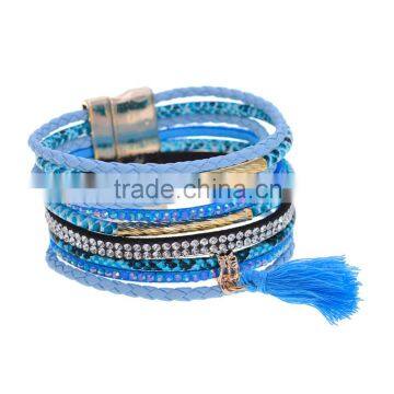 New Tassel Crystal Leather Bangle Fashion Rhinestone Wrap Leather Bracelet Multilayer Bangles photo-4