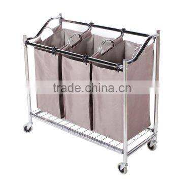 Silver Grey Coated 3-Section Heavy-Duty Steel Rolling Laundry Sorter/Cart