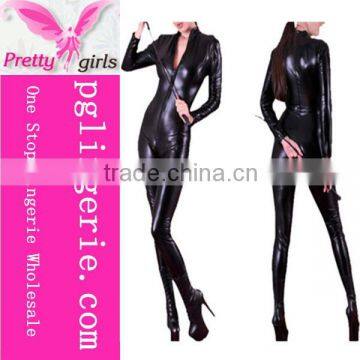 Black Zipper Open Croth Pant Jumpsuit Zipped Leather Jumpsuit Cheap Latex Catsuit