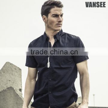 Custom Nave blue plain cotton shirt short sleeve men stylish shirt