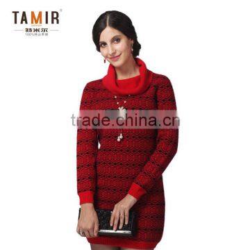 Women Winter High Neck Knit Red Cashmere Dress, Red-Black-Stripe High Neck Dress