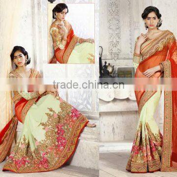 Orange & Beige Georgette On Net Saree