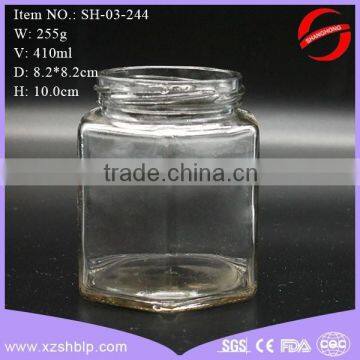 410ml hexagon glass jam jar with tin lid for sale