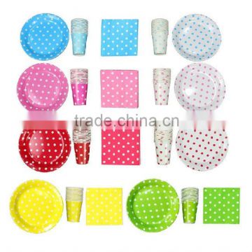 Polka Dot Party Supplies, Green pink Red Bue White Polka Dot Party Set Paper Plates Napkins Cups For Birhday Party, Baby shower