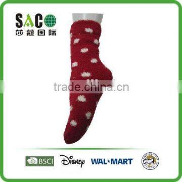 red fluffy socks with white dots pattern