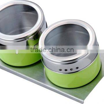 Green powder spraying condiment set,stainless steel condiment container&crue-stand,2pcs glass cover spice jar
