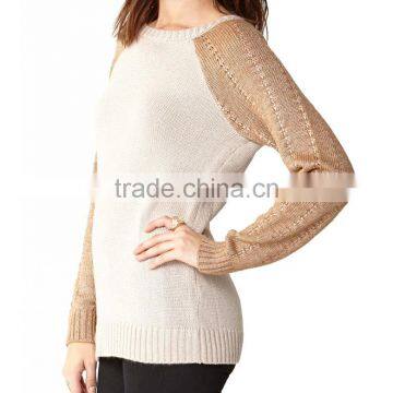 Elegant Contrast Color Crew Neck Raglan Sleeve Sweaters Ladies Knit Pullover photo-2