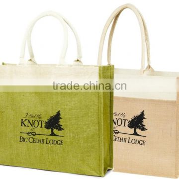 Eco-Friendly Two-Toned Jute Shopping Beach Bag - features a front pocket, cotton webbed handles and comes with your logo.