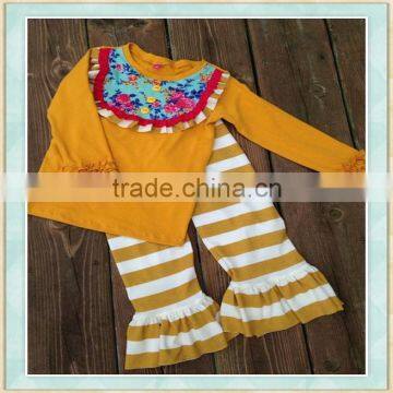 Fall new style boutique oufit yellow print long sleeve top big ruffle pant korea clothes supplier packing