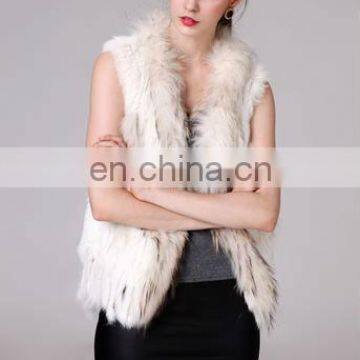 White Rabbit Fur Kintted Vest With Raccoon Fur Collar//#00V27
