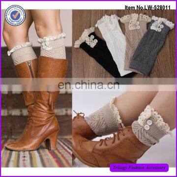 Women Fashion Knitted Short Leg Warmer With Lace Cotton Boot Cuffs