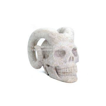 Coral jasper human skull with horn crystal skull