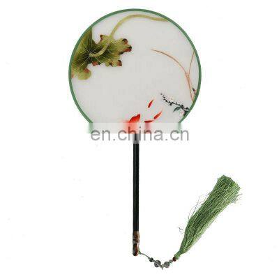 Chinese Style Multi-pattern Silk Embroidery Dual-faced Handmade Fan With Wooden Handle and Tassel Pendant(19*37cm)