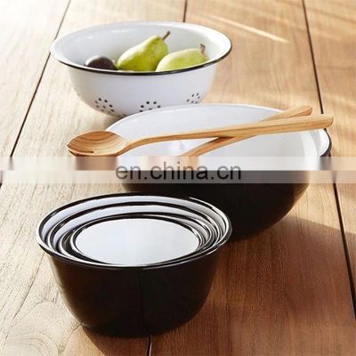 certificated solid color enamel metal steel ice camping bowl set with handle