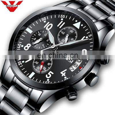 NIBOSI Mens Watches Stainless Steel Band Luminous Luxury Chronograph Mens Black Wrist Watch Relogio Masculino 2303