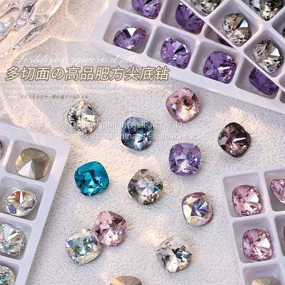 Nail accessories with multiple cutting surfaces, high-quality, fat square pointed bottom diamond, super shiny 8MM glass crystal large diamond, nail pile diamond