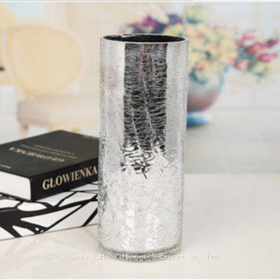 Silver Plated Glass Cylinder Vases Thick Tall Crackle Glass Vase For Home Wedding Decoration photo-4