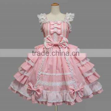 Cute Pink Harness Cotton Wrinkles Middle Waist Fancy Princess Girls Lolita Dress Cosplay Costume photo-2