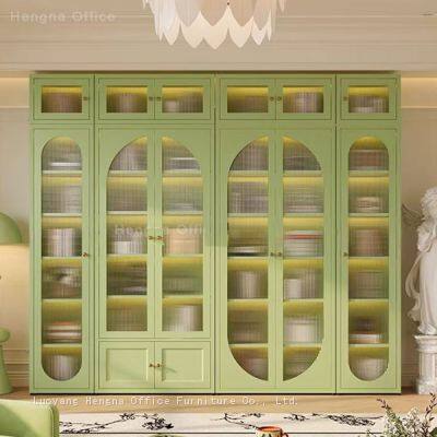 Modern Cream Style Glass Door Bookcase Arched Display Cabinet With Adjustable Shelves for Home Office