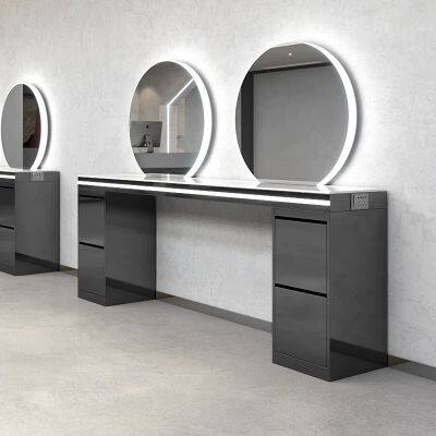 Luxury Modern Full Length Stainless Steel Hair Beauty Spa Salon Furniture Hairdressing Equipment Barber Station Mirror Led Table