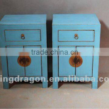 Chinese antique furniture pine wood white/blue bedside cabinet