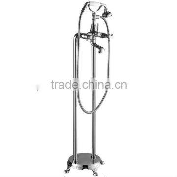 High Quality Dual Handle Brass Floor Stand Faucet With Hand Shower & Hose, Polish and Chrome Finish