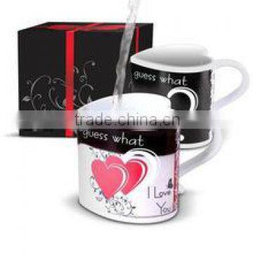 2014 promotional wedding gift porcelain couple love heart mug heart shaped color changing ceramic coffee mug