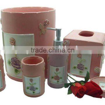 Favorable 6pcs Pink Flower Polyresin Bathroom Set