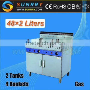 Catering equipment commercial stainless steel 2tank 4 basket 48L*2 gas griddle with potato chips fryer