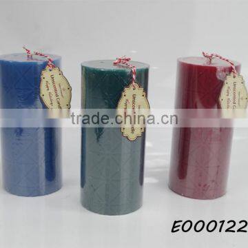 Plaid design embossed pillar candle with falt top unscented cylinder pillar candle