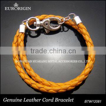 Factory price braided real leather double wrap wristband lobster carabiner clasp bracelet