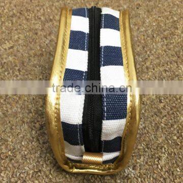 Blue Stripe Printing Cotton Canvas Zipper Pouch Make Up Clutch Bag With Gold Edge photo-3