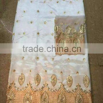 PLGG11/2016 New embroidered indian george lace fabric george wrappers with blouse in white and gold