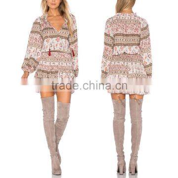 2016 Wholesale African Balloon Long Sleeve v Neckline Tassel Woman Print Mini Dress