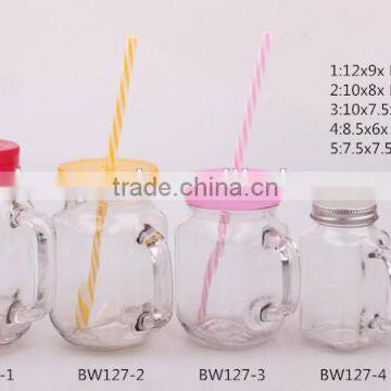 2014 new design mason jar glass jam jar with handle
