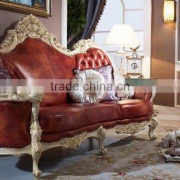 Luxury Solid Wood Red Leather Sofa, Royal Living Room Leather Sofa photo-4